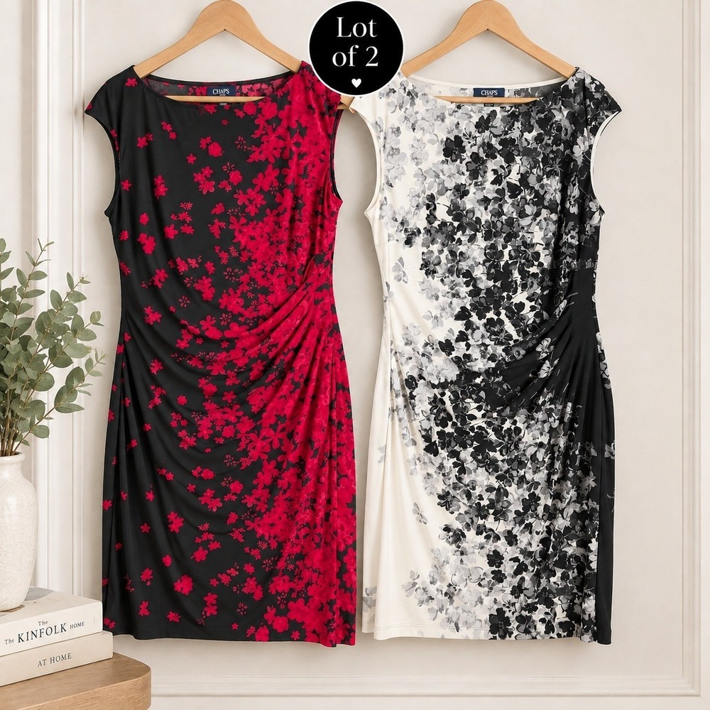 CHAPS Lot 2 Dresses L Floral Ruched Slimming Sheath Work Office Cocktail Runched
